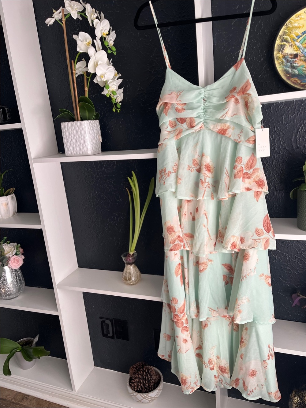 Mint Green tiered Maxi Dress with Coral brown Floral Print
